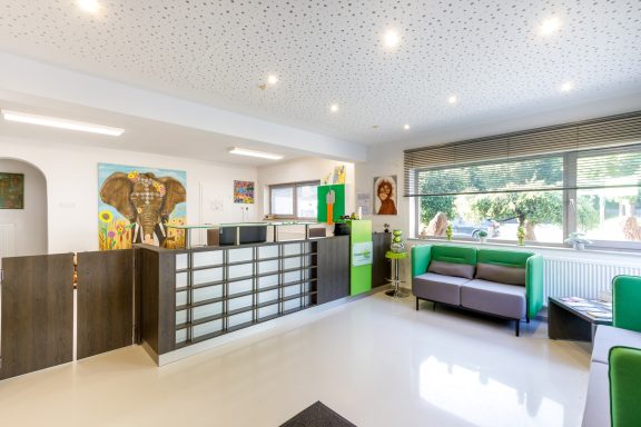Helles, modernes Empfangszimmer mit grünen Möbeln und Kunstwerken an den Wänden.
