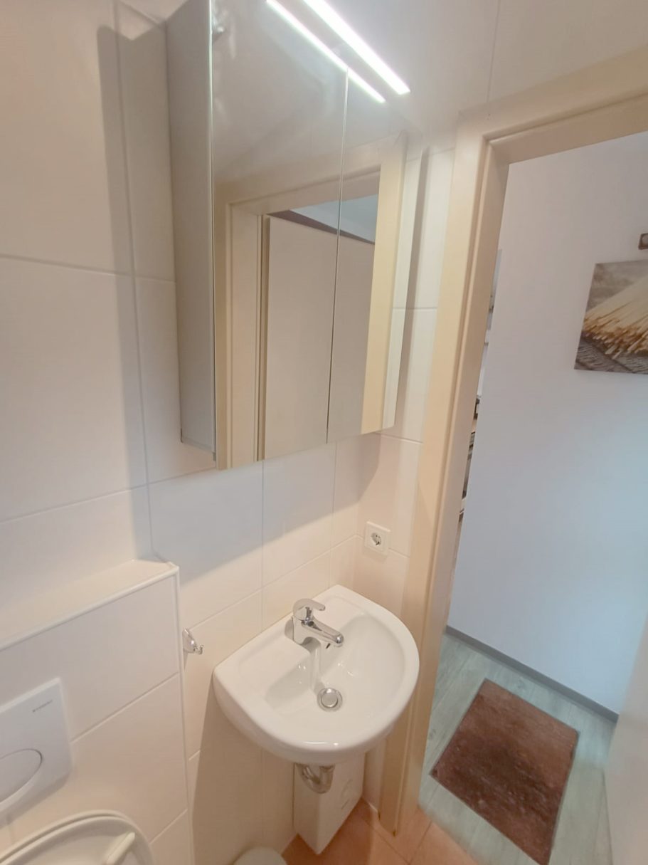 Das Bad mit Dusche, Handtuchwärmer und Spiegelschrank Kleines Badezimmer mit Waschbecken, Spiegel und Tür zum nächsten Raum.