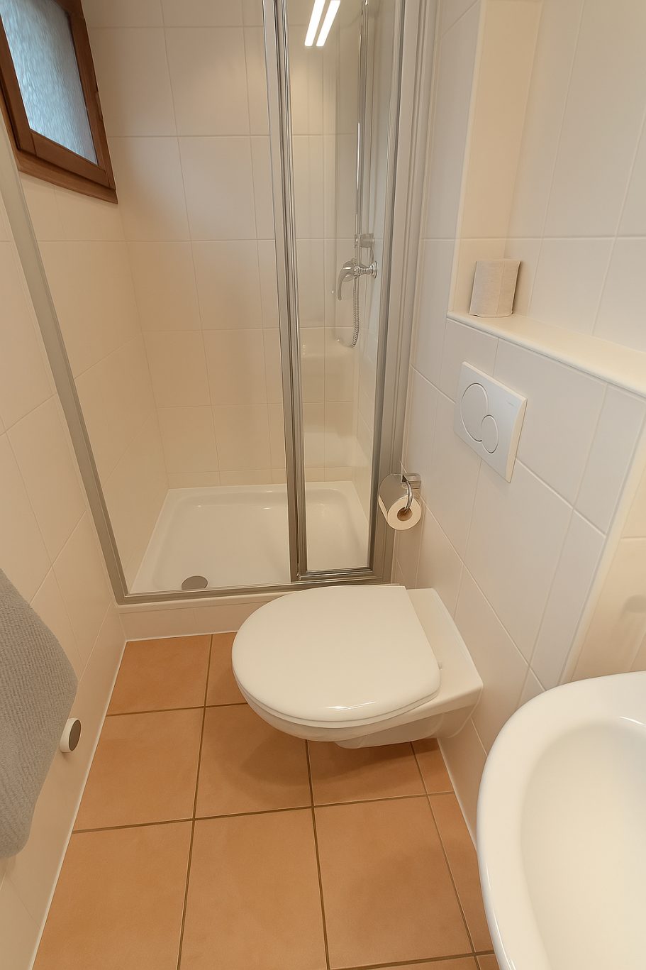 Das Bad vom Ferienhaus Kleines Badezimmer mit Dusche, Toilette und Waschbecken. Helle, neutrale Farbtöne.